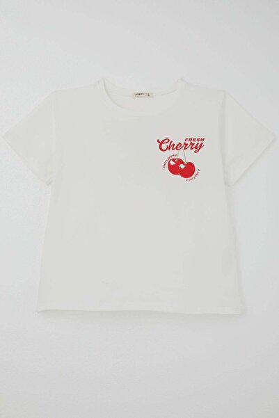 Breeze Tricou pentru fete cu imprimeu figură cireș energetic, 9-14 ani, Ecru