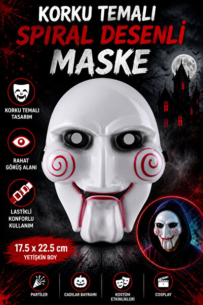 Tamsena Store Korku Temalı Beyaz Spiral Desenli Parti Maskesi Yetişkin Boy Ca...