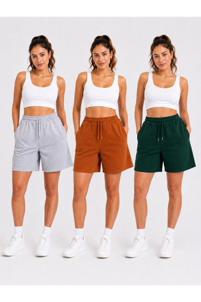 POLYMOOD 3'Lü Set Oversize Belden Bağlamalı Cepli Penye Şort 40 CM