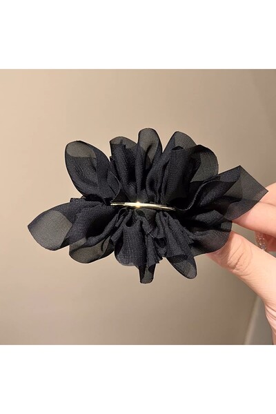 Rapunzel Accessories Siyah Şifon Kumaş Gold Metal Büyük Çiçek Otomatik Toka -...