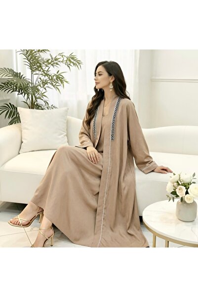 Bleco Luxury Contrast Embroidered Dubai Open Abaya, Satin Loose Modest Outerw...