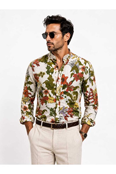 ANATOLIATEKSTILE Cămașă Bărbați din in Italian Premium Floral Luxury Summer S...