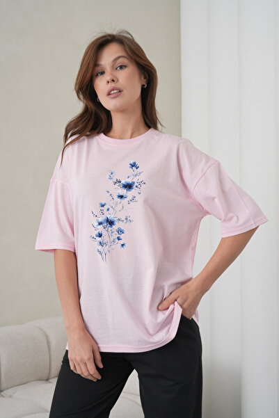 caddekombin Tricou de damă, albastru, cu imprimeu floral, roz, cu gât rotund,...