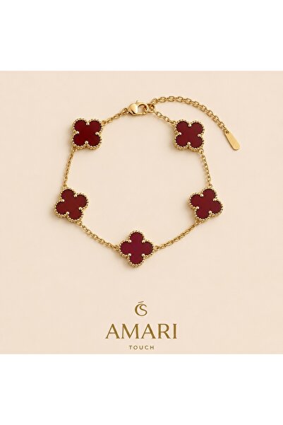 Amari Bordo Yonca Taşlı Gold Bileklik
