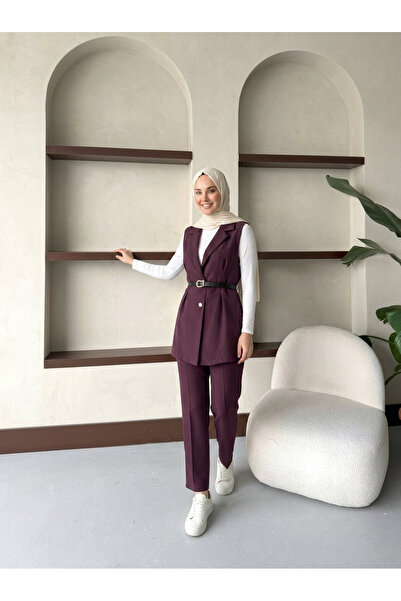 ESMİRASTİL Pileli Kemerli Astarsız Yelek & Bel Lastikli Pantolon Takım