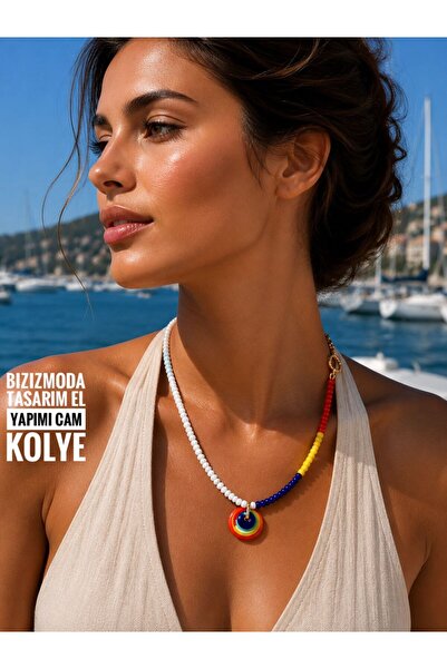 bizizmoda Cam Boncuk Doğal Taş Tasarım Renkli Kolye