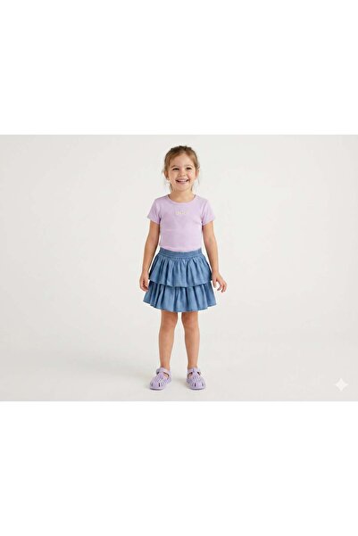 GAP Kids Gap Kız Çocuk Beli Latikli Kot Katmanlı Etek 4-16 Yaş MAVİ
