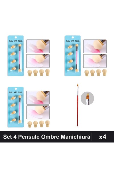 NAİLS Set 4 Pensule Manichiură Baby Boomer Ombre cu Burete, 4 Rezerve + Pensu...
