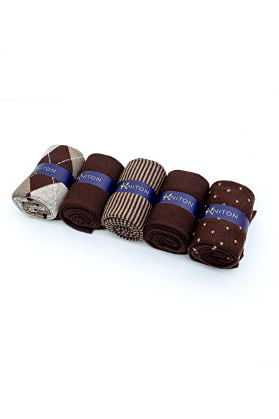 KNITON Dikişsiz Bambu Çorap Jakarlı Kahverengi Renk Desenli Erkek Çorap Kutulu 5 Çift Premium Uzun Soket Mix Çorap Bambu