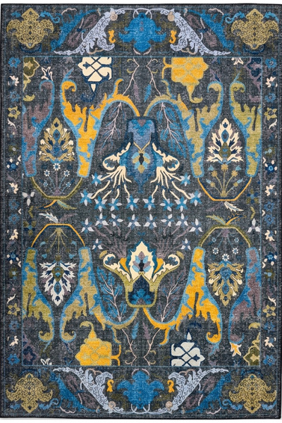 kilim home Modern Antik Desenli Siyah ve İndigo Detaylı Şark Köşesi Dekor Hal...