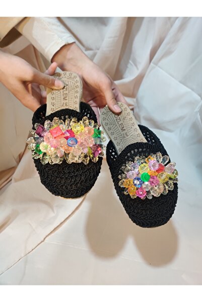 MY STİL MODA Önü Kapalı İnci Detaylı Hasır Örgü Dış Mekan Ev Terliği