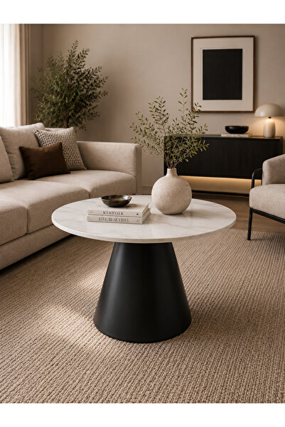 N.zone Luxury Modern Minimalist Round Coffee Table - White Marble Top with Sl...