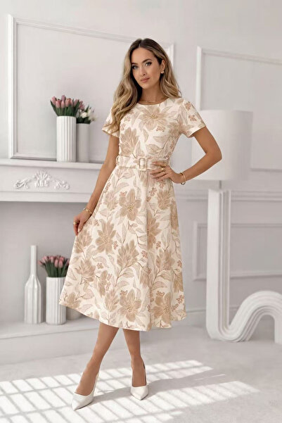 OEM Rochie midi eleganta dama cu imprimeu floral, maneca scurta si cordon in ...