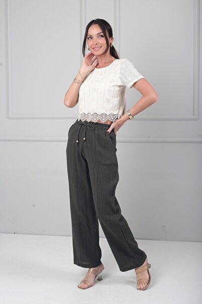 By Saygı Women's Elastic Waist Muslin Wide Leg Pants with Pockets