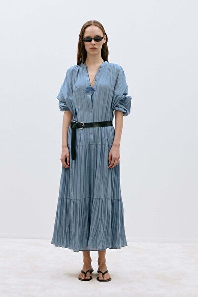 Suud Collection Mavi Muse Düğmeli Maxi Elbise