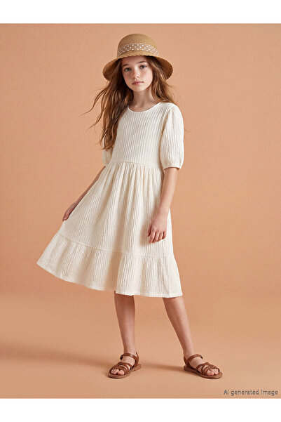LC Waikiki Nevavm Oval Collar Textured Girls' Dress with a Difference