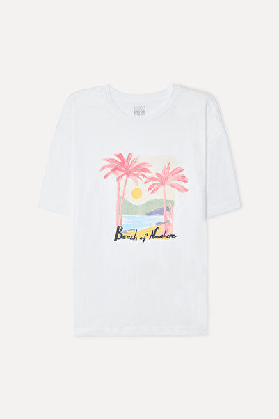 Mudo Erkek Beyaz Baskılı Oversize Bisiklet Yaka T-Shirt