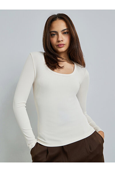 Styli Off White Ribbed Long Sleeve Knit Top
