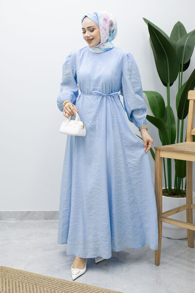 Tesettür Dünyası Lina Dress with Stitching and Lace Detail Tsd260223 Blue