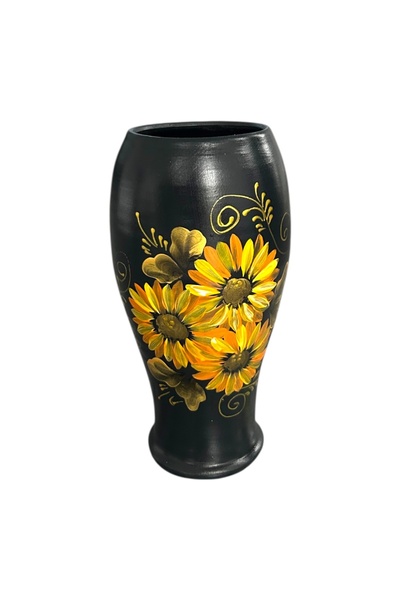 Ceramica Martinescu Hand-painted black ceramic vase with sunflowers, bouquet,...
