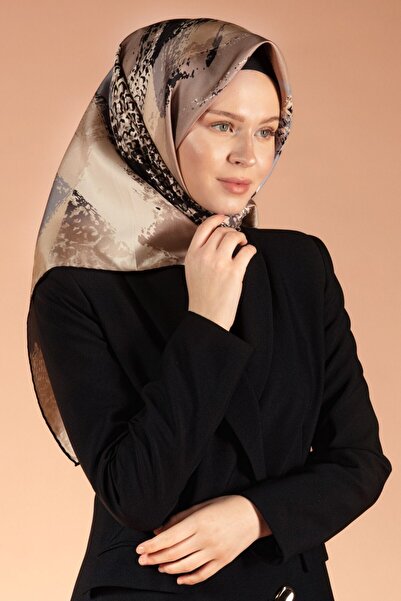 Vissona %100 Twill İpek Leopar ve Fırça Desenli Taş Renkli 90x90 Eşarp Dikim ...