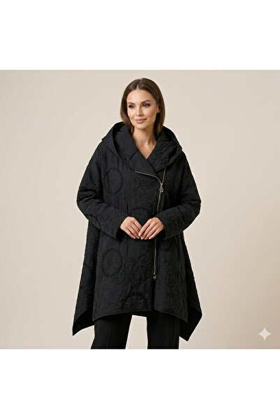 MADE İN ITALY Women's Black Hooded Asymmetrical Cut Quilted Jacket - Oversize...