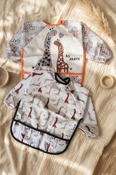 Bebechi Gira-Joy 2-Piece Long Sleeve Liquid-Proof Baby Food and Activity Bib - Cute Giraffe Pattern, Stain-Resistant