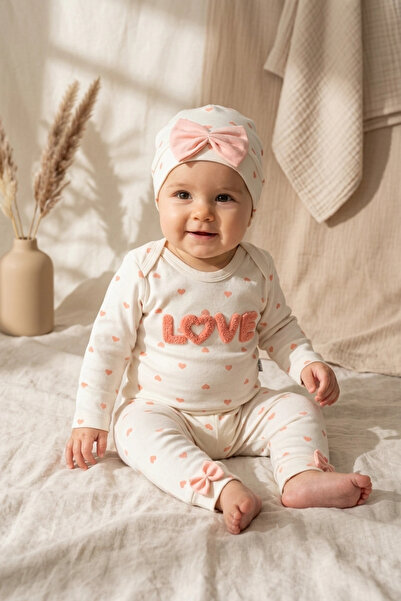 DYZSTAR 100% Cotton Love Heart Patterned 3-Piece Baby Set with Bow Detail - S...