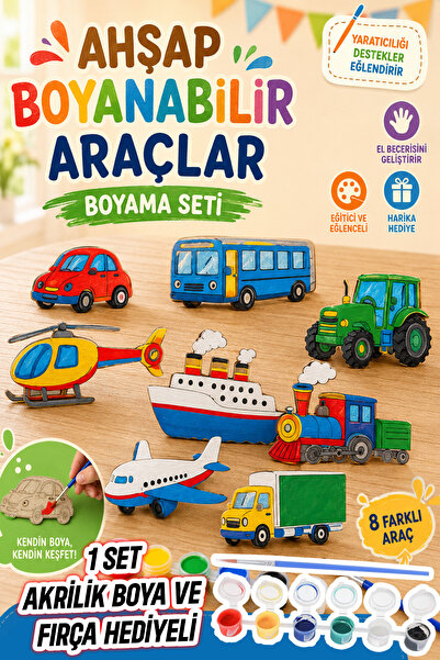 kutuTR Eğlenceli Ahşap Boyanabilir Araçlar Boyama Seti – Akrilik Boya ve Fırç...