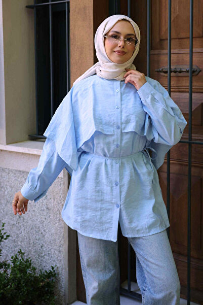 İmajButik Baby Blue Cape Collar Shirt with Tie