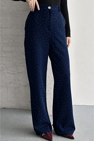 moda armanc Kadın Taşlı Palazzo Pantolon Yüksek Bel Bol Paça Wide Leg Pantolon