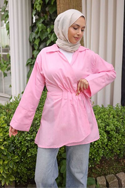 İmajButik Pink Front Tie Kimono with Bronchial Detail