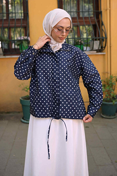 İmajButik Navy Blue Zippered Polka Dot Jacket