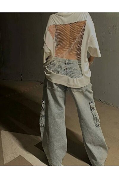 eyonnwear Kadın Siyah Taşlı Sırt Detaylı Oversize T-shirt