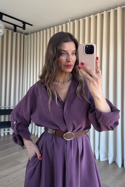 Sue Store Plum Oversize Belted Modal Shirt Dress