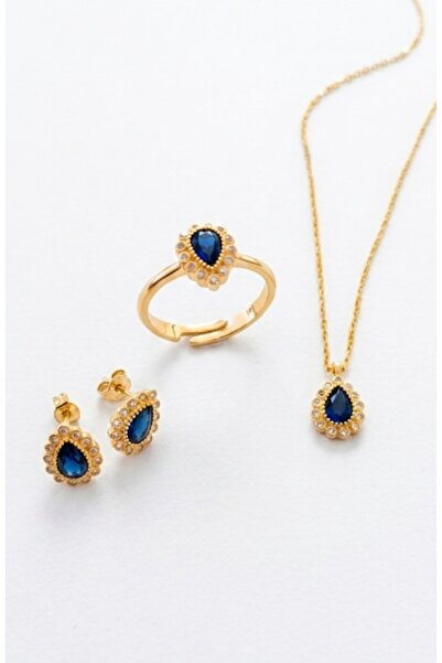 byess 925 Ayar Safir Taşlı Damla Model Kolye Küpe Yüzük Set