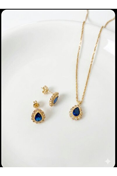 byess 925 Ayar Safir Taşlı Damla Model Kolye Küpe Set