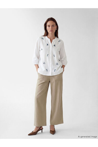 LC Waikiki Nevavm Women's Linen Look Trousers with Elastic Waist and Contrast...
