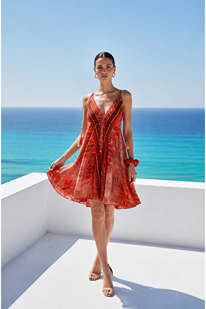 laviyonsa Ethnic Patterned Silk Authentic Mini Summer Dress (Std 34-38)