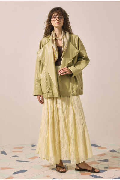 HE-QA Asymmetrical Cut Leather Jacket Honey Foam