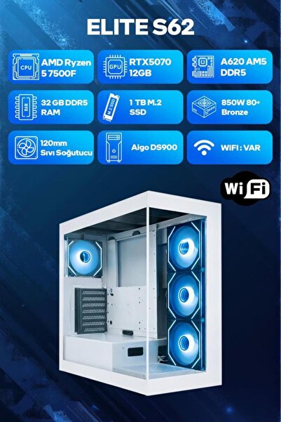 Game Garaj Elite S62 AMD R5 7500F 32GB RAM 1TB SSD RTX5070 120mm Sıvı Soğt Fr...