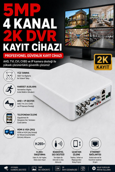 Naystek 5MP 4 Kanal 2K AHD DVR Kayıt Cihazı - Uzak İzleme - Yüz Tanıma - Hare...