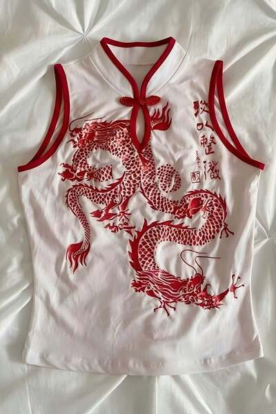 Köstebek White Dragon Motif Red Stripe Qipao Y2K Short Sleeve Crop
