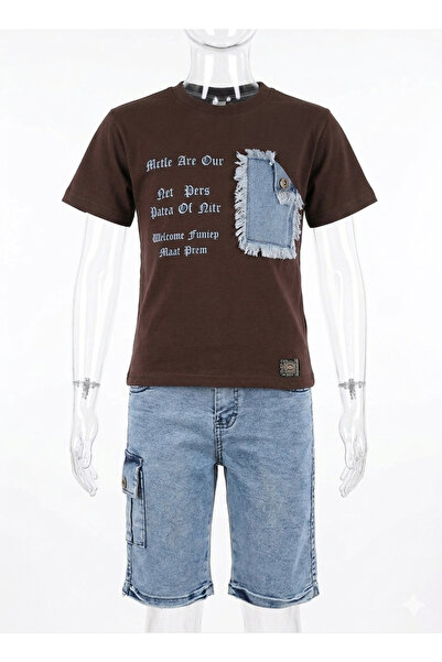 gülerçocuk Boy's Holiday Denim Shorts Set - Blue Black Brown Top with Front P...