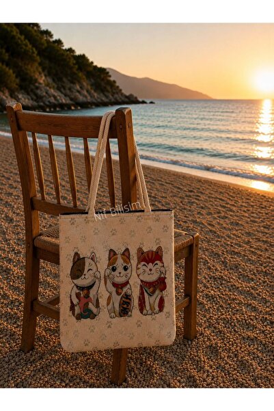 Nif Bilişim Cat Figured Beach Bag Colorful Printed Patterned Fabric Large Size Stylish Sea Picnic Bag Shoulder Fabric Bag with Zipper Interior Pocket