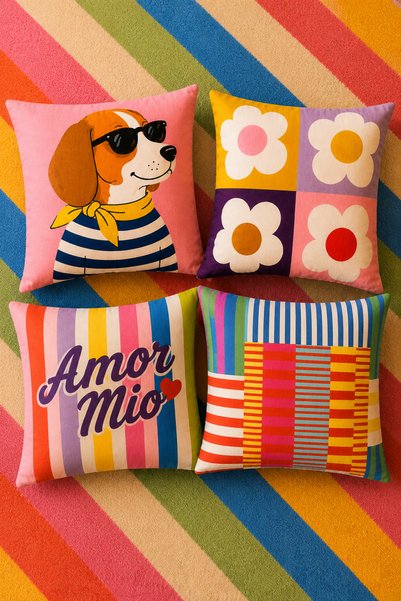 Atlas collection Frothy Dopamine Colorful Popular 4-Piece Throw Pillow Cover, Colorful Maximalist Modern Sofa Living Room Garden Terrace Balcony Decor Home Decoration