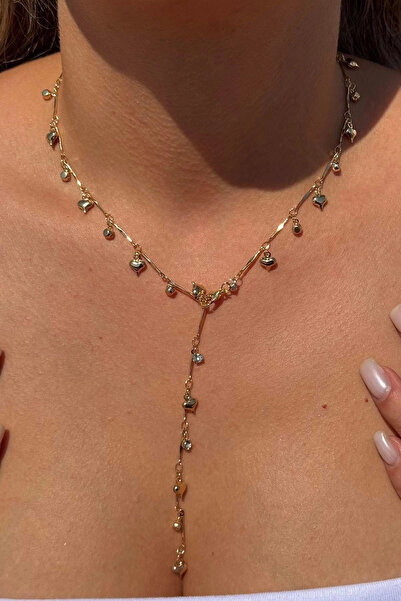 Vitastyle Gold Color Hanging Heart Shape Stone-Encutured Steel Necklace