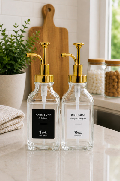 Karçiçeği Home 2’li Cam Mutfak Dispenser Seti 500 ML – Gold Pompalı El Sabunu ve Bulaşık Deterjanı Şişesi