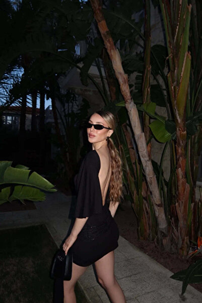 Laluvia Black Backless Sequin Detailed Mini Dress - 1626
