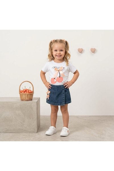 Bulut Sezen Alt Top- Cherry Printed Bow Detailed Denim Set 2-Piece- Girls- White Salmon